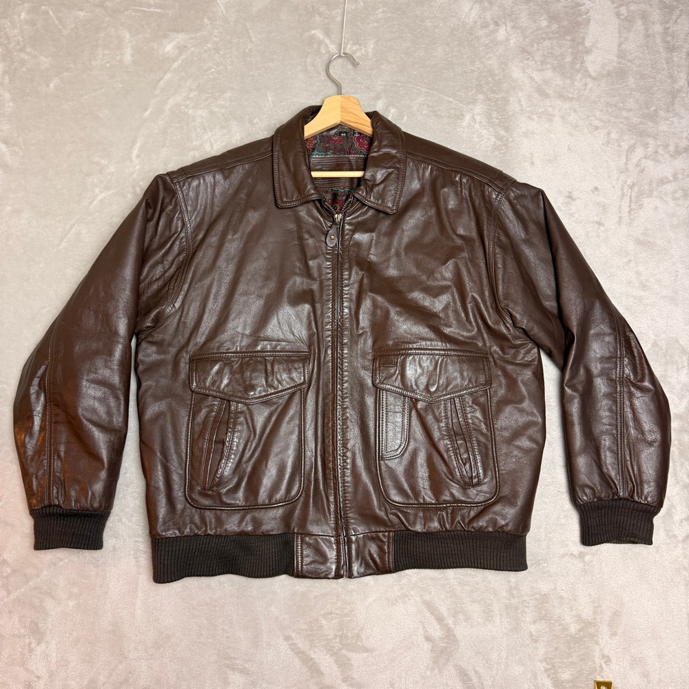 VTG Croft & Barrow Leather Bomber Jacket Men L 44 Brown A-2 Flight Paisley Lined